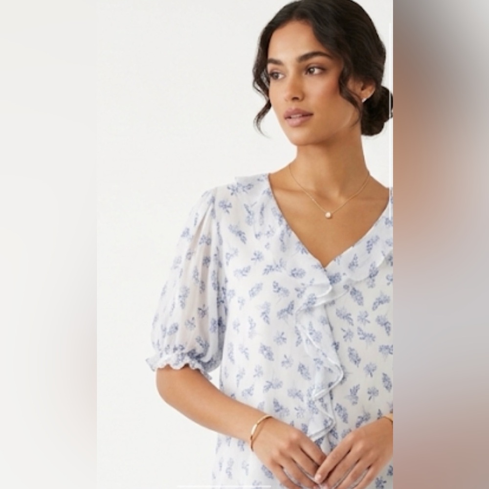 Maison Jules White Floral Ruffle V-Neck Blouse with Blue Print